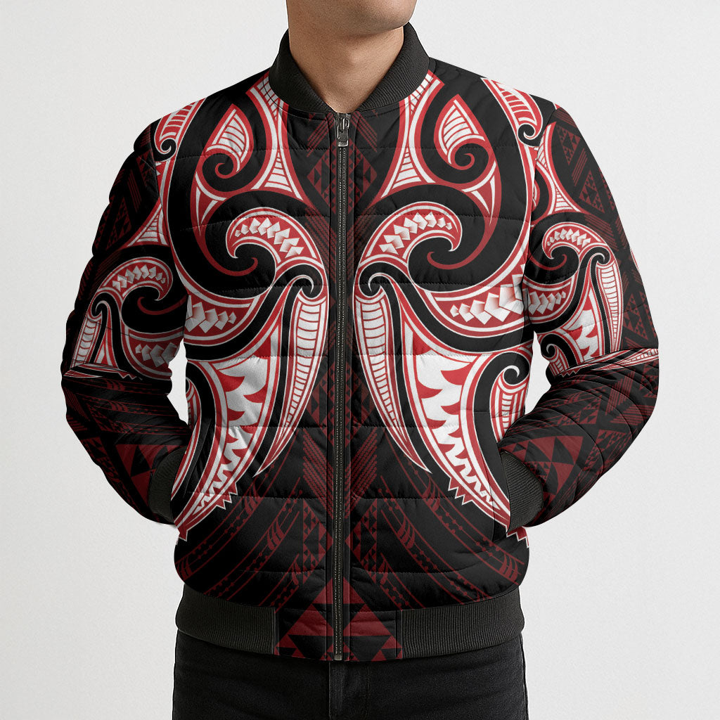 Maori Rugby Custom Ngaru Mangopare Bomber Puffer Jacket Black Red Whetu Niho Taniwha Motif