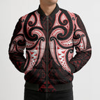 Maori Rugby Custom Ngaru Mangopare Bomber Puffer Jacket Black Red Whetu Niho Taniwha Motif