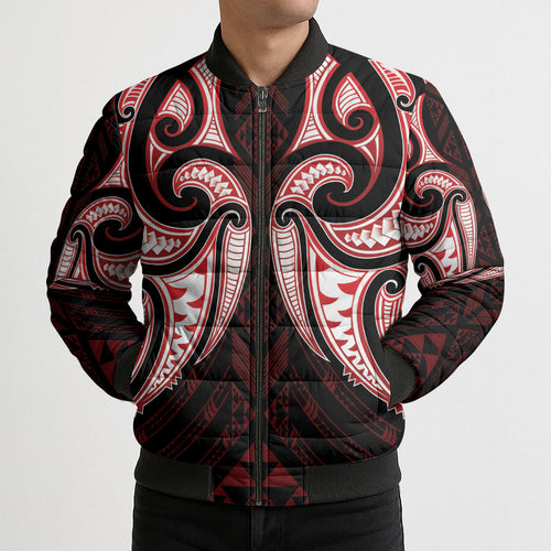 Maori Rugby Custom Ngaru Mangopare Bomber Puffer Jacket Black Red Whetu Niho Taniwha Motif