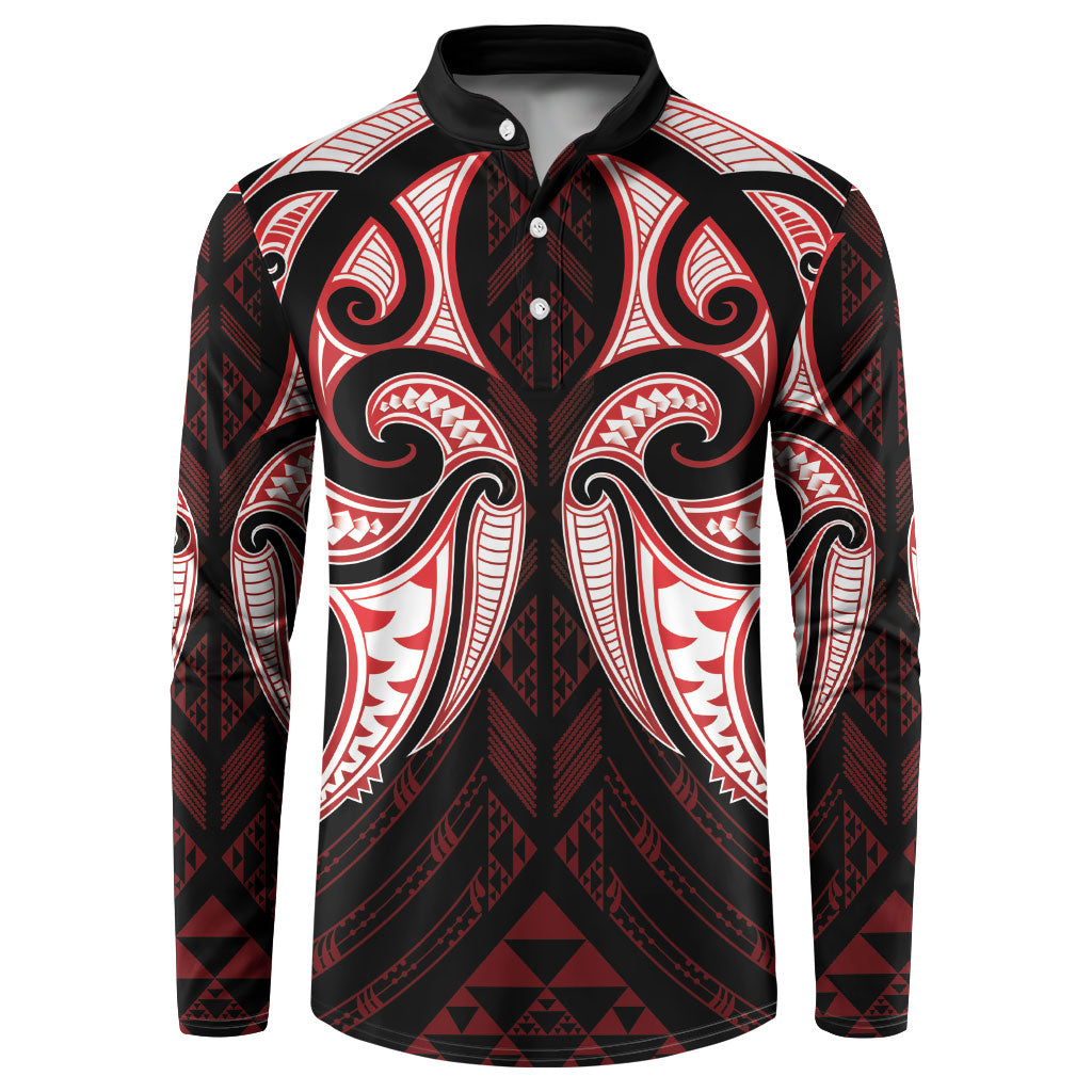 Maori Rugby Custom Ngaru Mangopare Button Sweatshirt Black Red Whetu Niho Taniwha Motif