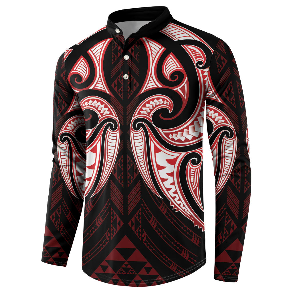 Maori Rugby Custom Ngaru Mangopare Button Sweatshirt Black Red Whetu Niho Taniwha Motif