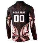 Maori Rugby Custom Ngaru Mangopare Button Sweatshirt Black Red Whetu Niho Taniwha Motif
