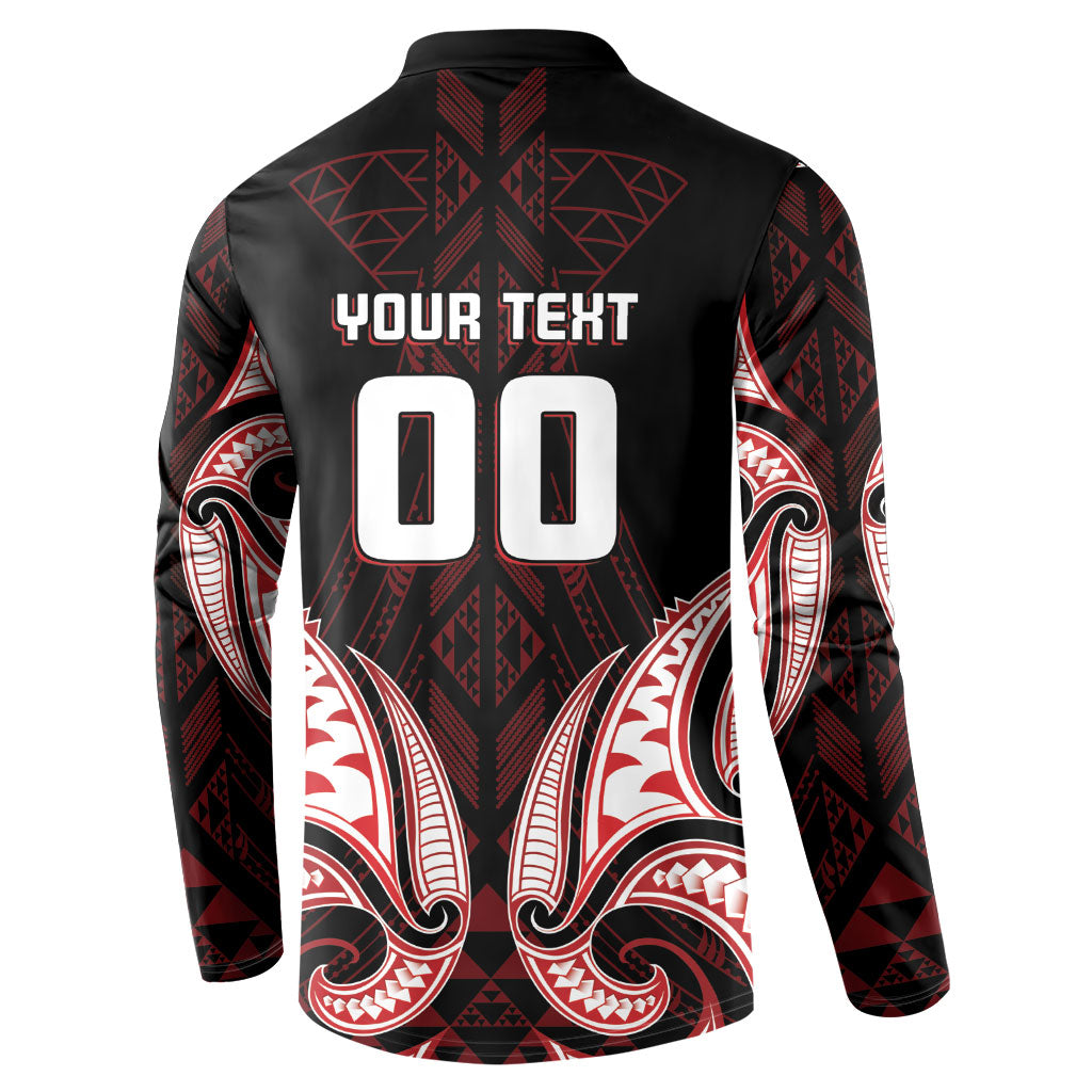 Maori Rugby Custom Ngaru Mangopare Button Sweatshirt Black Red Whetu Niho Taniwha Motif