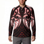 Maori Rugby Custom Ngaru Mangopare Button Sweatshirt Black Red Whetu Niho Taniwha Motif