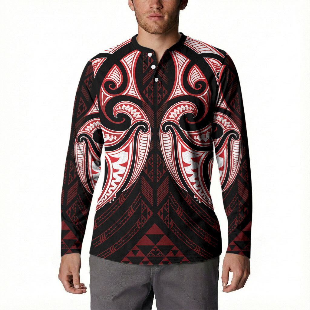 Maori Rugby Custom Ngaru Mangopare Button Sweatshirt Black Red Whetu Niho Taniwha Motif