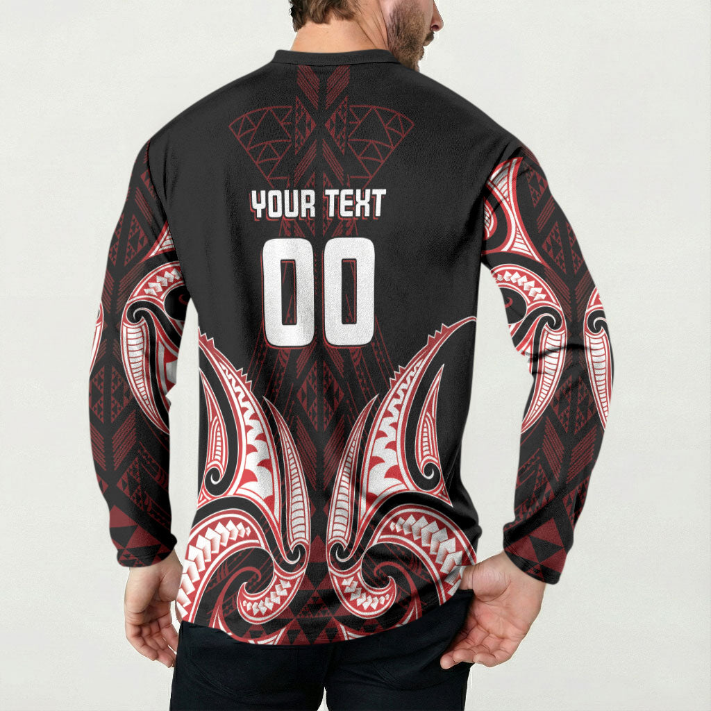 Maori Rugby Custom Ngaru Mangopare Button Sweatshirt Black Red Whetu Niho Taniwha Motif