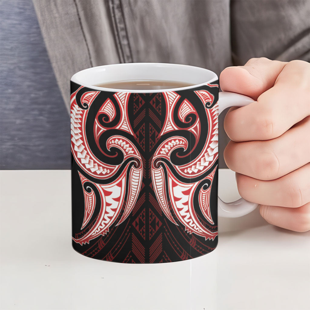 Maori Rugby Custom Ngaru Mangopare Ceramic Mug Black Red Whetu Niho Taniwha Motif