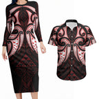 Maori Rugby Custom Ngaru Mangopare Couples Matching Long Sleeve Bodycon Dress and Hawaiian Shirt Black Red Whetu Niho Taniwha Motif