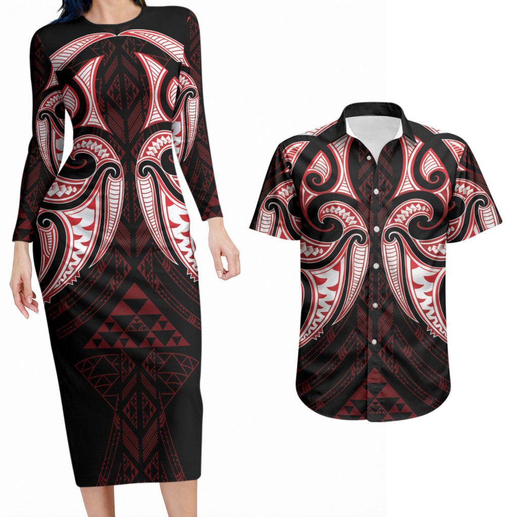 Maori Rugby Custom Ngaru Mangopare Couples Matching Long Sleeve Bodycon Dress and Hawaiian Shirt Black Red Whetu Niho Taniwha Motif