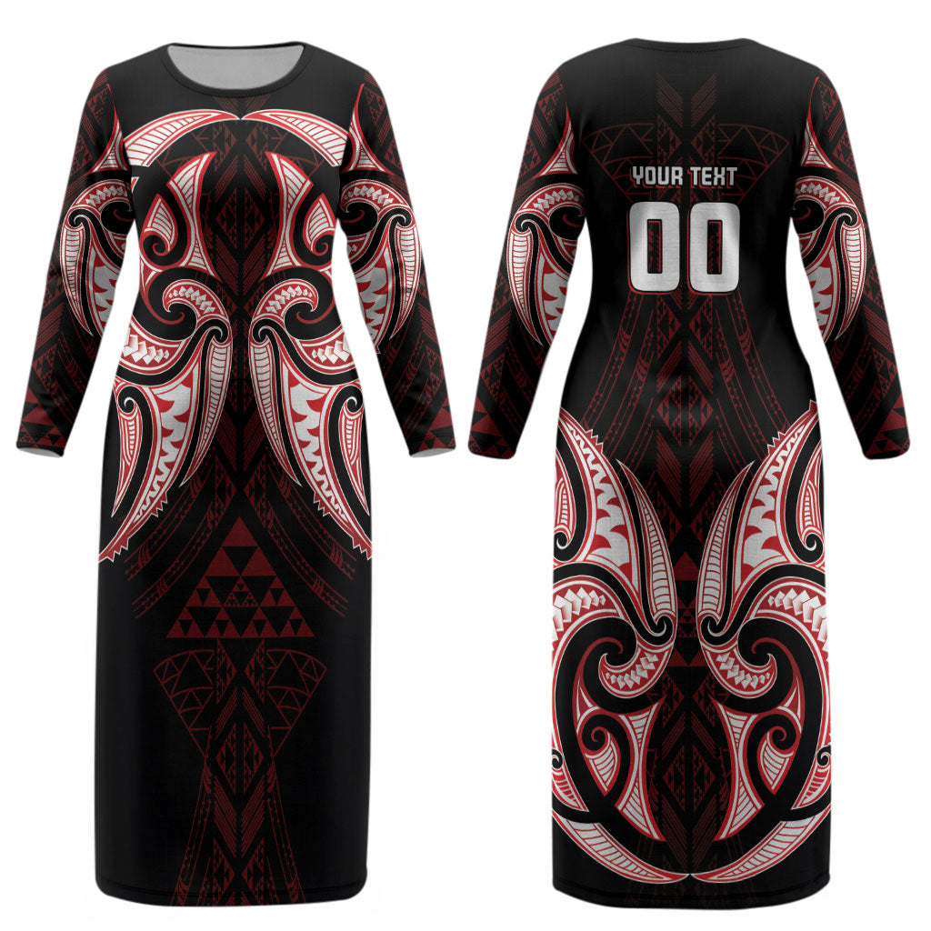 Maori Rugby Custom Ngaru Mangopare Couples Matching Long Sleeve Bodycon Dress and Hawaiian Shirt Black Red Whetu Niho Taniwha Motif
