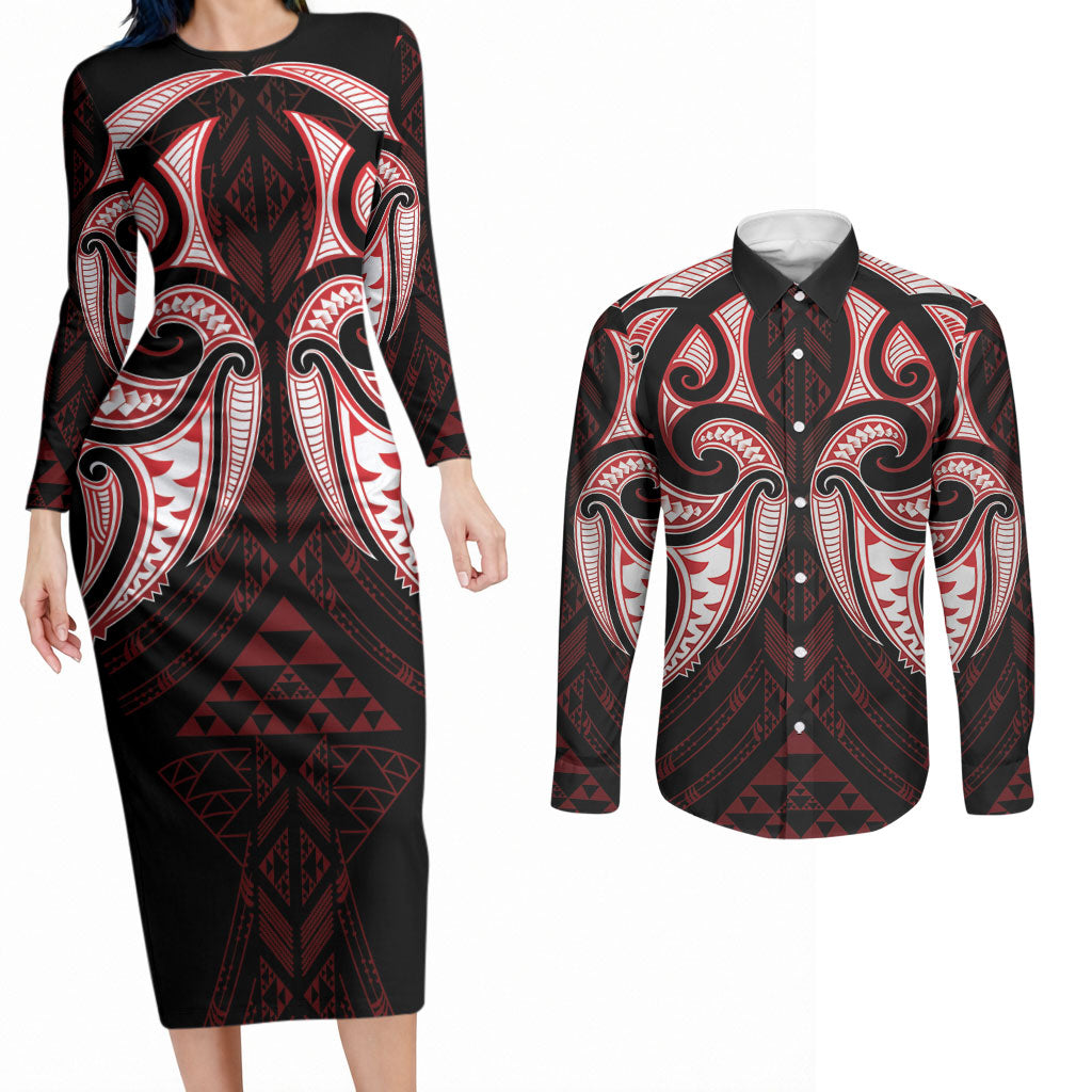 Maori Rugby Custom Ngaru Mangopare Couples Matching Long Sleeve Bodycon Dress and Long Sleeve Button Shirt Black Red Whetu Niho Taniwha Motif