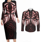 Maori Rugby Custom Ngaru Mangopare Couples Matching Long Sleeve Bodycon Dress and Long Sleeve Button Shirt Black Red Whetu Niho Taniwha Motif