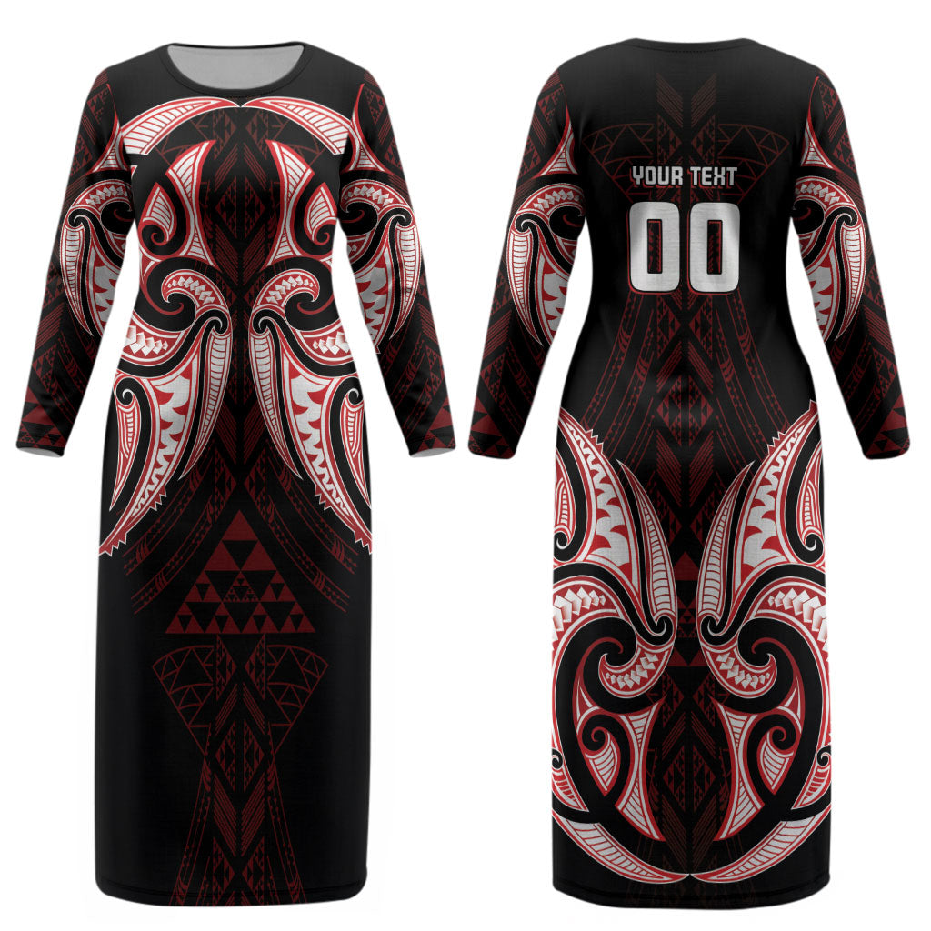 Maori Rugby Custom Ngaru Mangopare Couples Matching Long Sleeve Bodycon Dress and Long Sleeve Button Shirt Black Red Whetu Niho Taniwha Motif