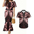 Maori Rugby Custom Ngaru Mangopare Couples Matching Mermaid Dress and Hawaiian Shirt Black Red Whetu Niho Taniwha Motif