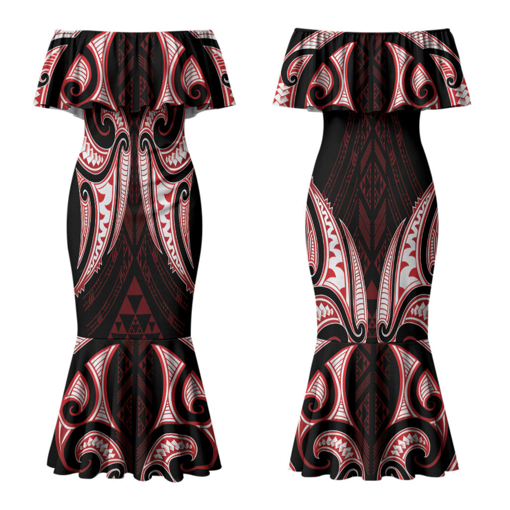 Maori Rugby Custom Ngaru Mangopare Couples Matching Mermaid Dress and Hawaiian Shirt Black Red Whetu Niho Taniwha Motif