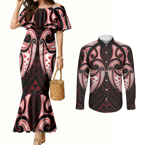 Maori Rugby Custom Ngaru Mangopare Couples Matching Mermaid Dress and Long Sleeve Button Shirt Black Red Whetu Niho Taniwha Motif