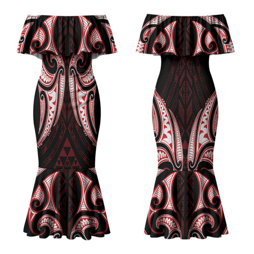 Maori Rugby Custom Ngaru Mangopare Couples Matching Mermaid Dress and Long Sleeve Button Shirt Black Red Whetu Niho Taniwha Motif