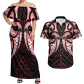 Maori Rugby Custom Ngaru Mangopare Couples Matching Off Shoulder Maxi Dress and Hawaiian Shirt Black Red Whetu Niho Taniwha Motif