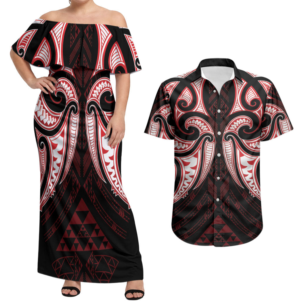 Maori Rugby Custom Ngaru Mangopare Couples Matching Off Shoulder Maxi Dress and Hawaiian Shirt Black Red Whetu Niho Taniwha Motif