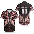 Maori Rugby Custom Ngaru Mangopare Couples Matching Off Shoulder Maxi Dress and Hawaiian Shirt Black Red Whetu Niho Taniwha Motif