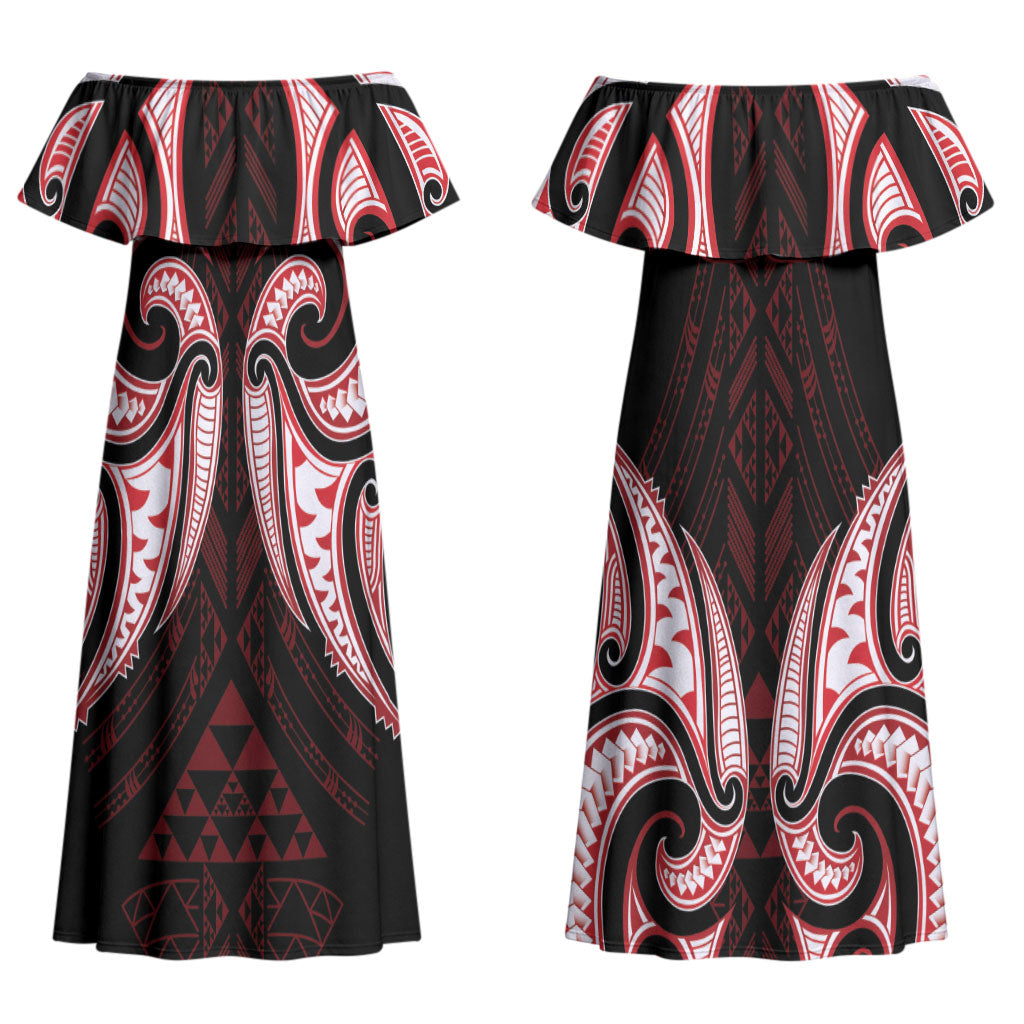 Maori Rugby Custom Ngaru Mangopare Couples Matching Off Shoulder Maxi Dress and Hawaiian Shirt Black Red Whetu Niho Taniwha Motif