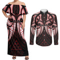 Maori Rugby Custom Ngaru Mangopare Couples Matching Off Shoulder Maxi Dress and Long Sleeve Button Shirt Black Red Whetu Niho Taniwha Motif