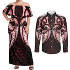 Maori Rugby Custom Ngaru Mangopare Couples Matching Off Shoulder Maxi Dress and Long Sleeve Button Shirt Black Red Whetu Niho Taniwha Motif