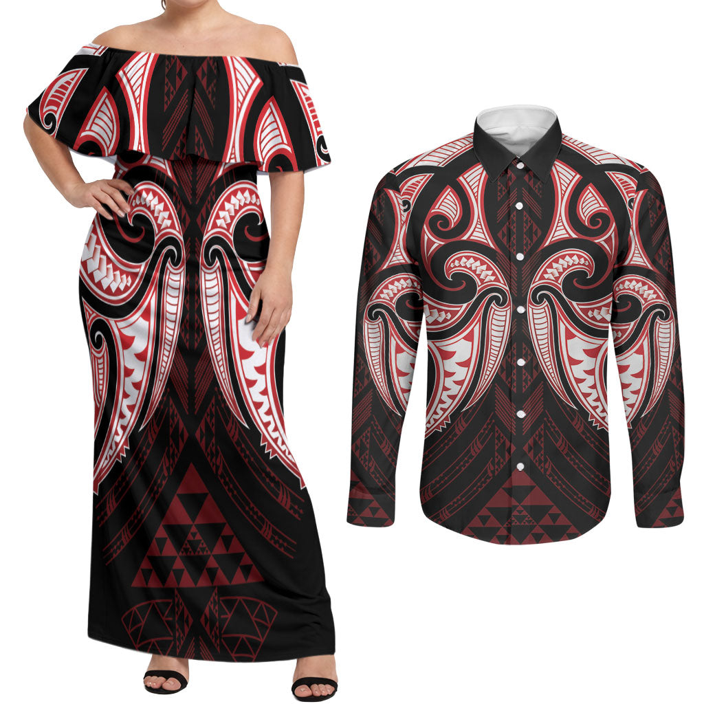 Maori Rugby Custom Ngaru Mangopare Couples Matching Off Shoulder Maxi Dress and Long Sleeve Button Shirt Black Red Whetu Niho Taniwha Motif