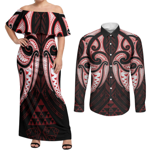 Maori Rugby Custom Ngaru Mangopare Couples Matching Off Shoulder Maxi Dress and Long Sleeve Button Shirt Black Red Whetu Niho Taniwha Motif