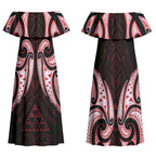 Maori Rugby Custom Ngaru Mangopare Couples Matching Off Shoulder Maxi Dress and Long Sleeve Button Shirt Black Red Whetu Niho Taniwha Motif