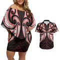 Maori Rugby Custom Ngaru Mangopare Couples Matching Off Shoulder Short Dress and Hawaiian Shirt Black Red Whetu Niho Taniwha Motif