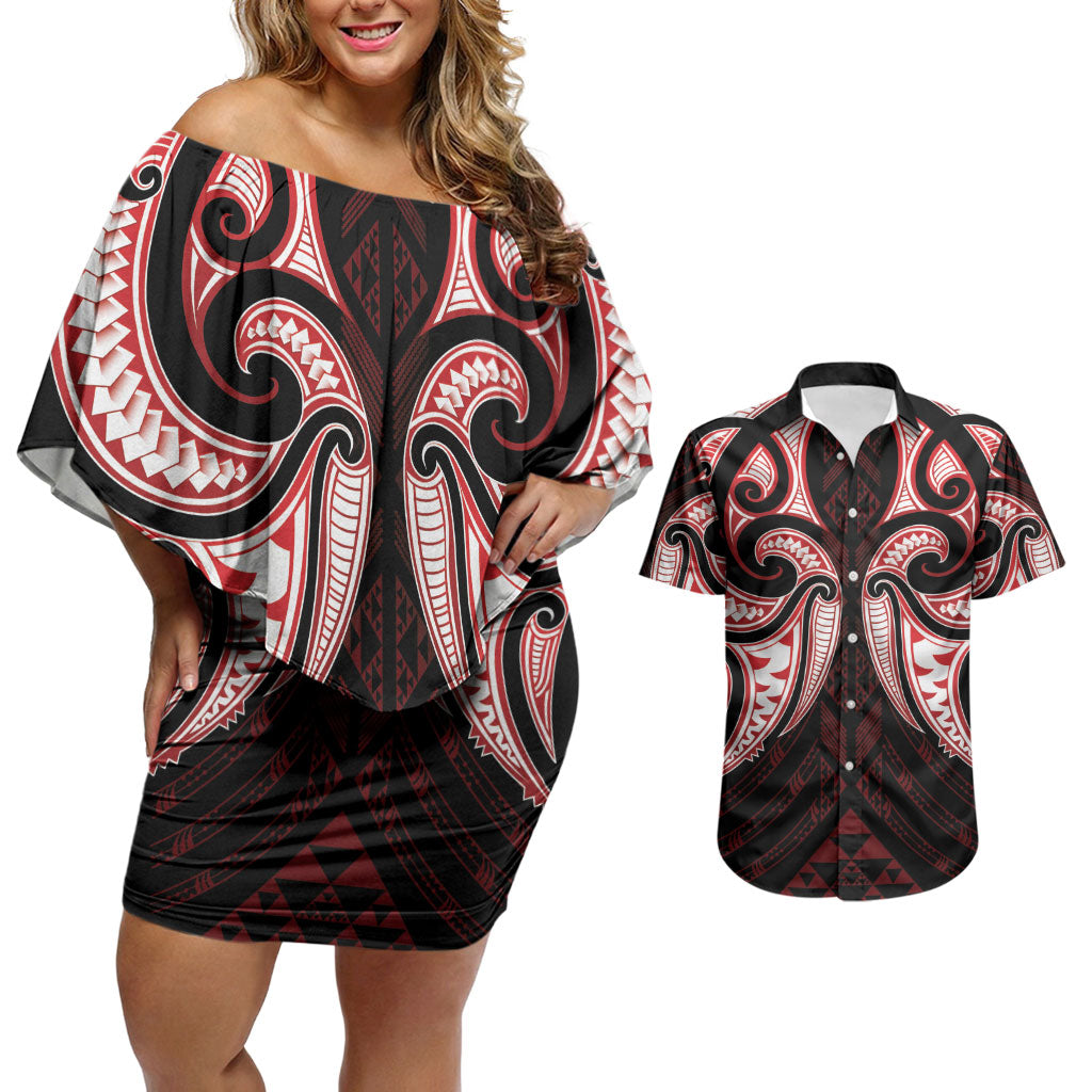 Maori Rugby Custom Ngaru Mangopare Couples Matching Off Shoulder Short Dress and Hawaiian Shirt Black Red Whetu Niho Taniwha Motif
