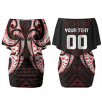 Maori Rugby Custom Ngaru Mangopare Couples Matching Off Shoulder Short Dress and Hawaiian Shirt Black Red Whetu Niho Taniwha Motif