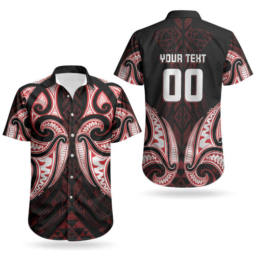 Maori Rugby Custom Ngaru Mangopare Couples Matching Off Shoulder Short Dress and Hawaiian Shirt Black Red Whetu Niho Taniwha Motif