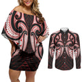 Maori Rugby Custom Ngaru Mangopare Couples Matching Off Shoulder Short Dress and Long Sleeve Button Shirt Black Red Whetu Niho Taniwha Motif