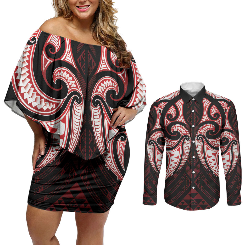Maori Rugby Custom Ngaru Mangopare Couples Matching Off Shoulder Short Dress and Long Sleeve Button Shirt Black Red Whetu Niho Taniwha Motif
