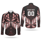 Maori Rugby Custom Ngaru Mangopare Couples Matching Off Shoulder Short Dress and Long Sleeve Button Shirt Black Red Whetu Niho Taniwha Motif