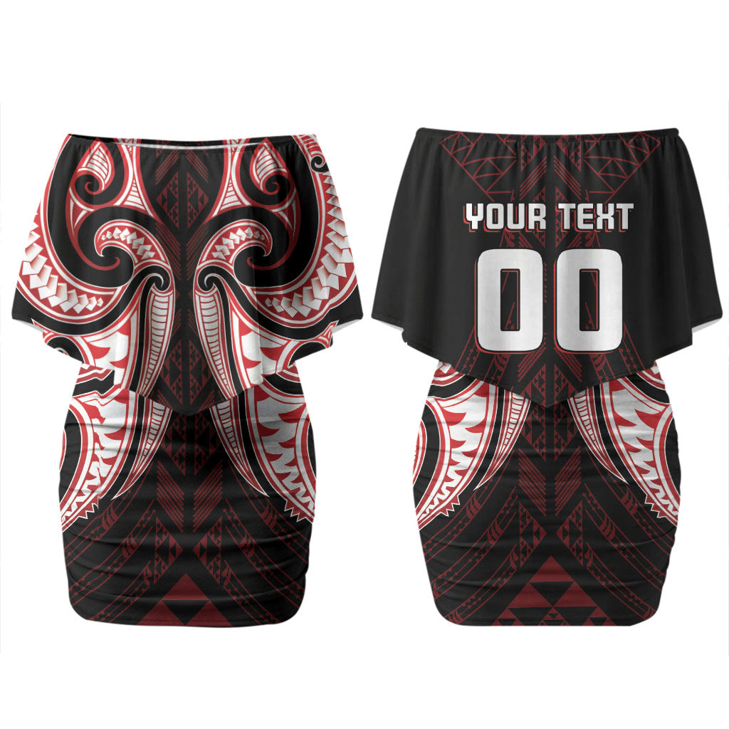 Maori Rugby Custom Ngaru Mangopare Couples Matching Off Shoulder Short Dress and Long Sleeve Button Shirt Black Red Whetu Niho Taniwha Motif