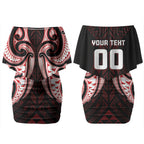 Maori Rugby Custom Ngaru Mangopare Couples Matching Off Shoulder Short Dress and Long Sleeve Button Shirt Black Red Whetu Niho Taniwha Motif