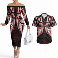 Maori Rugby Custom Ngaru Mangopare Couples Matching Off The Shoulder Long Sleeve Dress and Hawaiian Shirt Black Red Whetu Niho Taniwha Motif