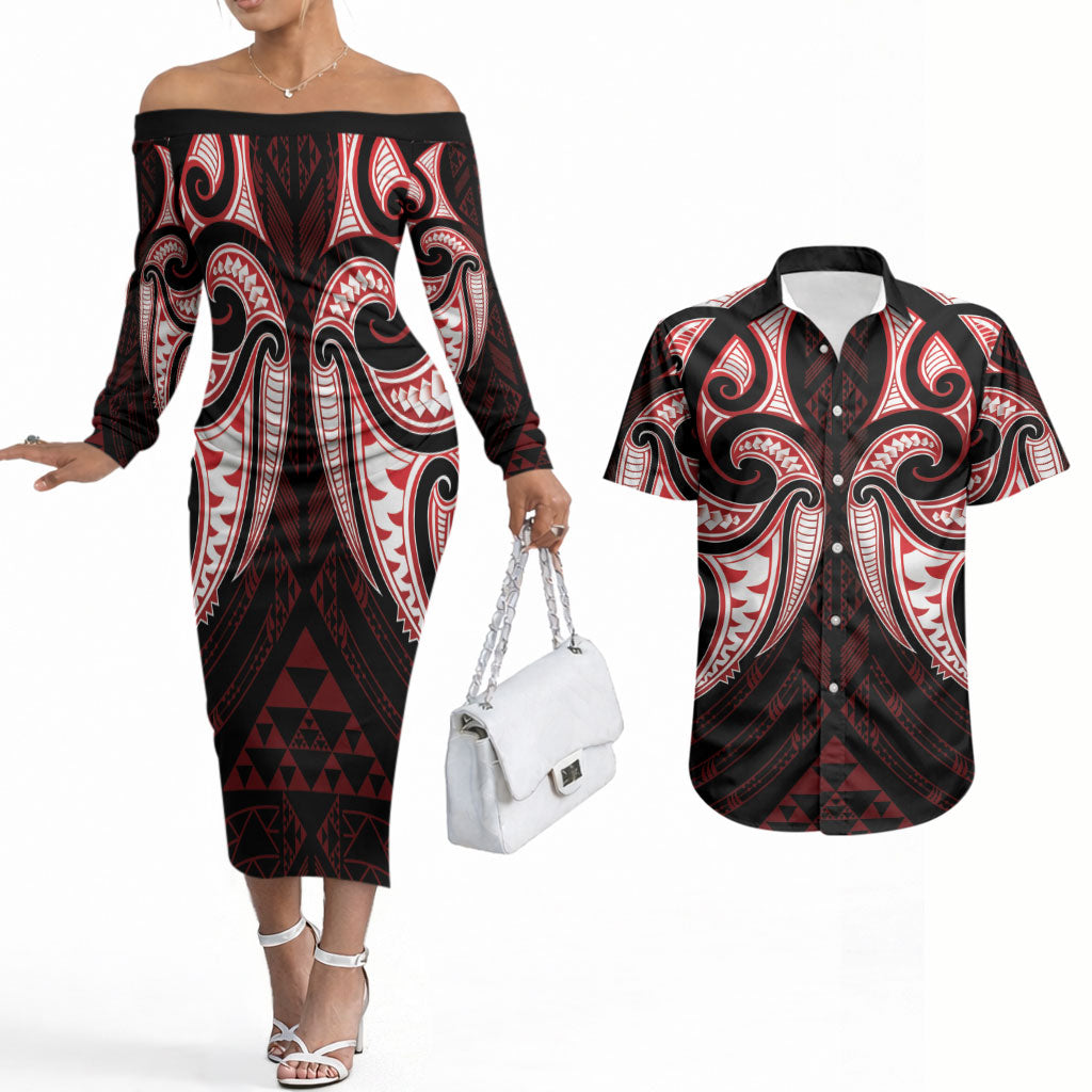 Maori Rugby Custom Ngaru Mangopare Couples Matching Off The Shoulder Long Sleeve Dress and Hawaiian Shirt Black Red Whetu Niho Taniwha Motif