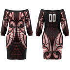 Maori Rugby Custom Ngaru Mangopare Couples Matching Off The Shoulder Long Sleeve Dress and Hawaiian Shirt Black Red Whetu Niho Taniwha Motif