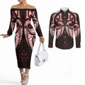 Maori Rugby Custom Ngaru Mangopare Couples Matching Off The Shoulder Long Sleeve Dress and Long Sleeve Button Shirt Black Red Whetu Niho Taniwha Motif