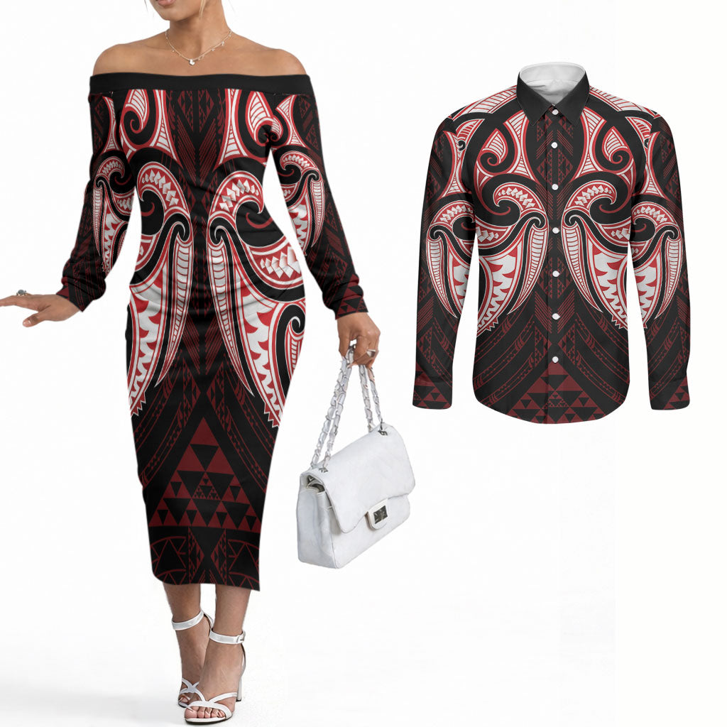 Maori Rugby Custom Ngaru Mangopare Couples Matching Off The Shoulder Long Sleeve Dress and Long Sleeve Button Shirt Black Red Whetu Niho Taniwha Motif