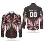 Maori Rugby Custom Ngaru Mangopare Couples Matching Off The Shoulder Long Sleeve Dress and Long Sleeve Button Shirt Black Red Whetu Niho Taniwha Motif