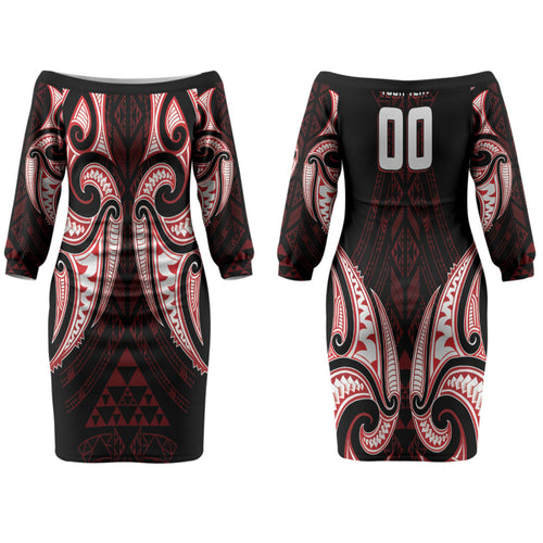 Maori Rugby Custom Ngaru Mangopare Couples Matching Off The Shoulder Long Sleeve Dress and Long Sleeve Button Shirt Black Red Whetu Niho Taniwha Motif