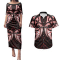 Maori Rugby Custom Ngaru Mangopare Couples Matching Puletasi and Hawaiian Shirt Black Red Whetu Niho Taniwha Motif