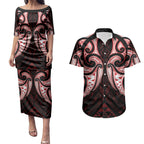 Maori Rugby Custom Ngaru Mangopare Couples Matching Puletasi and Hawaiian Shirt Black Red Whetu Niho Taniwha Motif