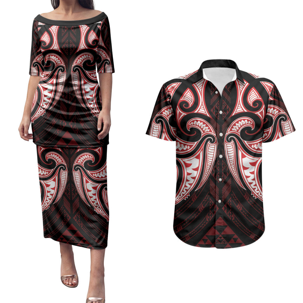 Maori Rugby Custom Ngaru Mangopare Couples Matching Puletasi and Hawaiian Shirt Black Red Whetu Niho Taniwha Motif