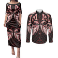 Maori Rugby Custom Ngaru Mangopare Couples Matching Puletasi and Long Sleeve Button Shirt Black Red Whetu Niho Taniwha Motif